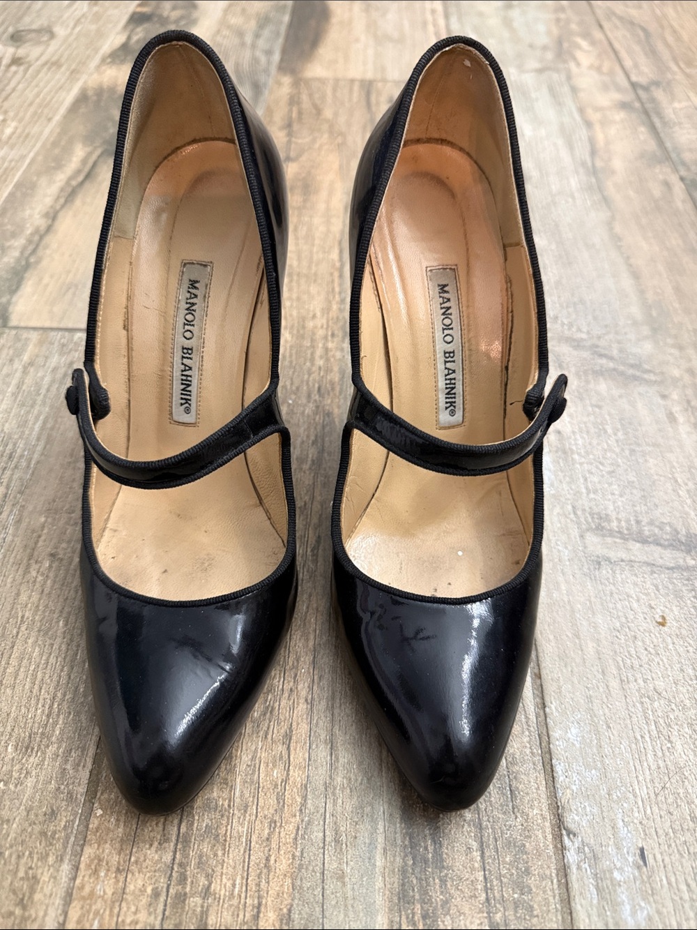 Manolo Blahnik Black Patent Mary Jane Pointed Pumps